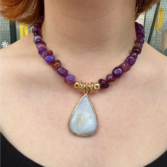 Jewelry - Purple and Gold Gemstone Beaded Necklace with Teardrop Pendant